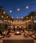 Outdoor string lights 150 ft G40 LED patio lights plug in waterproof connectable globe bulbs in cafe setting at night