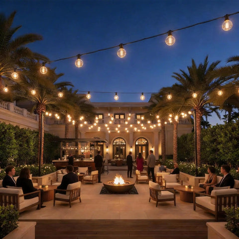 Outdoor string lights 150 ft G40 LED patio lights plug in waterproof connectable globe bulbs in cafe setting at night