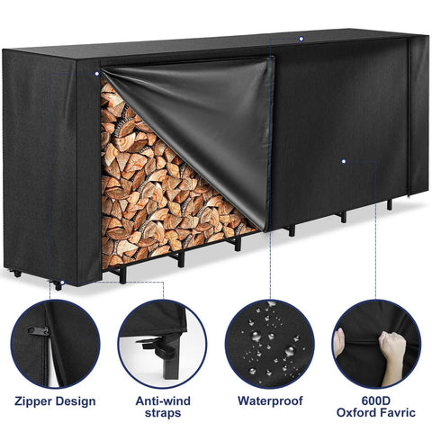 Heavy Duty 8-Foot Firewood Rack Cover With Zipper And Front Flap, 600D Oxford Waterproof Outdoor Storage Shield For Logs And Rack
