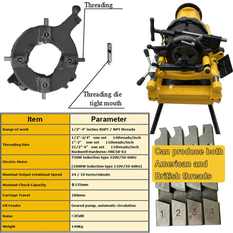 Built Tough Electric Pipe Threader Machine Half To Four Inch Range Featuring 4 Point 9 Inch Chuck with threading die and specs