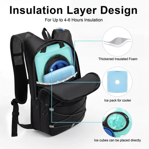 Lightweight Hydration Backpack With 2L Water Bladder, Breathable Mesh Straps, black 10L pack showing insulation layer design