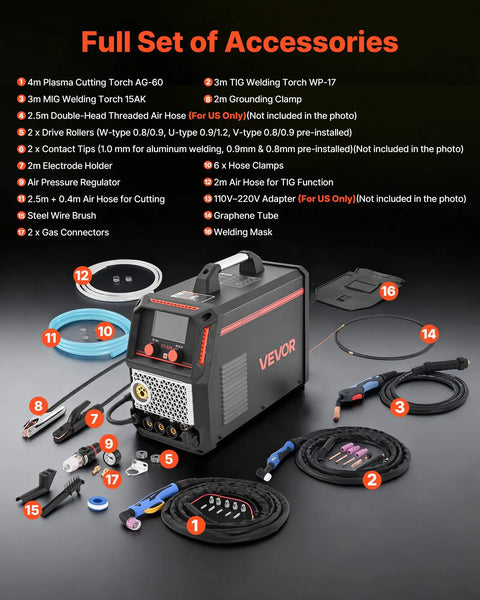 Full set of accessories for 5 In 1 Plasma Cutter Welder Combo For Home Shop With Cut TIG Gas MIG Flux MIG And MMA 50A Plasma Cutting