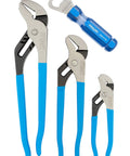 GS-3A Tongue and Groove Pliers Set With Acetate Handle and Bottle Opener showing 6.5, 9.5, 12 in pliers with blue handles