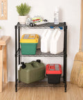 Heavy Duty 3 Tier Wire Shelving Rack with various storage bins in garage setting, sturdy steel construction.