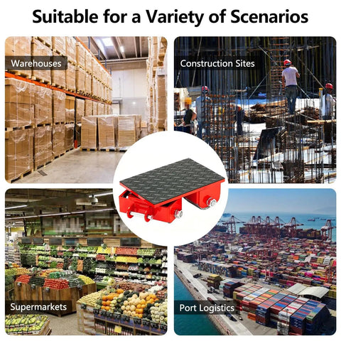 Heavy Duty Low Profile Industrial Moving Dolly With Four Steel Wheels And NonSkid Deck in warehouses, construction sites, supermarkets, and ports.