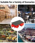 Heavy Duty Moving Dolly For Machinery And Equipment, Low Profile Skate Platform With Four PU Wheels shown in warehouses, construction sites, supermarkets, and port logistics