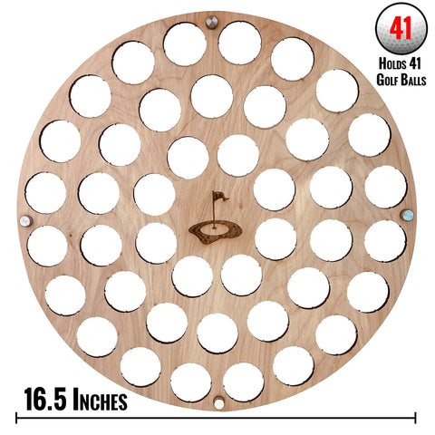 Charred Finish Golf Ball Display Holder And Collector Case Holds 42 Balls, circular design showing 41 ball capacity, 16.5 inches
