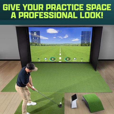 Golfer using 12x6 Ft Golf Simulator Turf Mat 15mm Elite Indoor Golf Mat For Home Setups Premium Commercial Grade Turf for practice