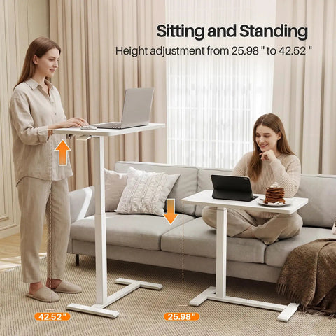 Total Game Changer Over Bed Table With Smooth Rolling Casters And No Sweat Pneumatic Height Adjustment Super Spacious Work Surface for sitting and standing.
