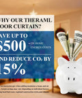 Piggy bank with dollar bills and text promoting saving with Magnetic Thermal Insulated Door Curtain Fits 32 X 80 Inch Door Curtain Size 34 X 82 Inches Five Layer Oxford and Cotton Cover Insulation for Winter Doorways Attics Keeps Cold Air Out Grey.