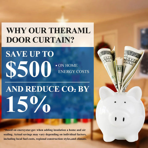Piggy bank with dollar bills and text promoting saving with Magnetic Thermal Insulated Door Curtain Fits 32 X 80 Inch Door Curtain Size 34 X 82 Inches Five Layer Oxford and Cotton Cover Insulation for Winter Doorways Attics Keeps Cold Air Out Grey.