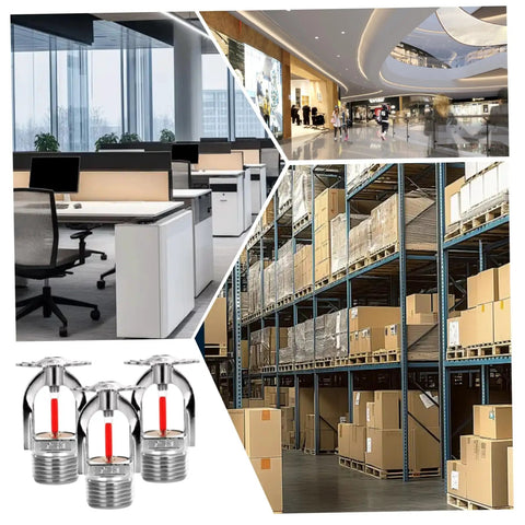 Pro Grade Pendant Fire Sprinkler Heads 3 Pack showcasing silver finish and heat sensors in office and warehouse setting.