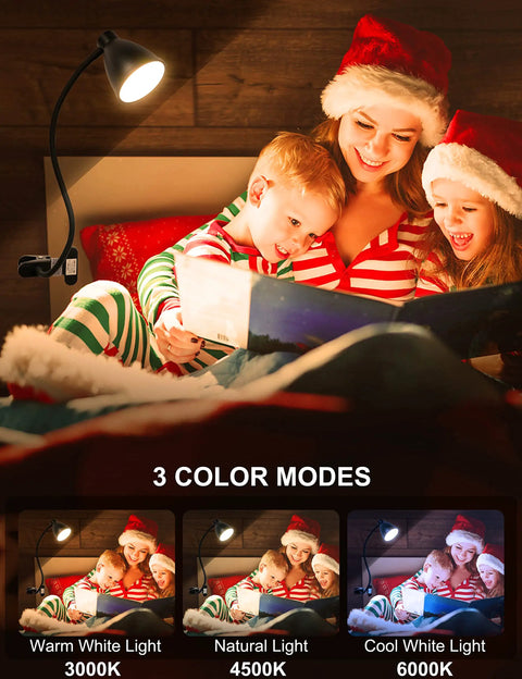 Family reading in bed using Clamp Lamp With 3 Color Modes And 10 Brightness Levels, Auto Off Timer, 10W 38 LED Clip On Reading Light.