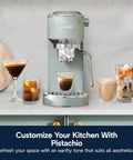 Compact Espresso Machine And Cold Brew Coffee Maker With Adjustable Milk Frother Wand For Smooth Hot Iced Lattes And Bold Cappuccinos in pistachio green serving drinks.