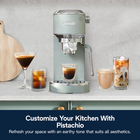 Compact Espresso Machine And Cold Brew Coffee Maker With Adjustable Milk Frother Wand For Smooth Hot Iced Lattes And Bold Cappuccinos in pistachio green serving drinks.