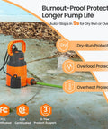 Orange submersible sump pump with smart sensor placed on ground, showing features like dry-run, overload, and overheat protection.