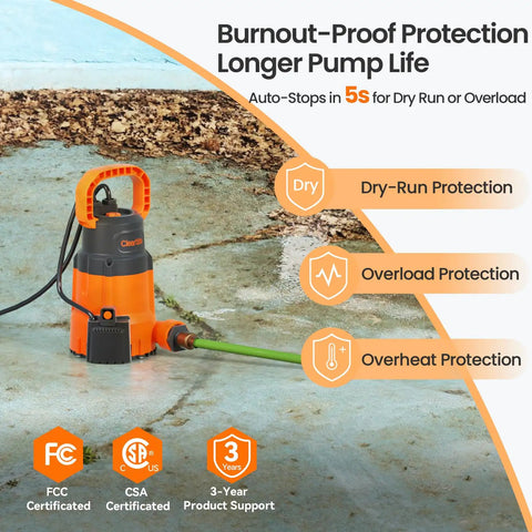 Orange submersible sump pump with smart sensor placed on ground, showing features like dry-run, overload, and overheat protection.