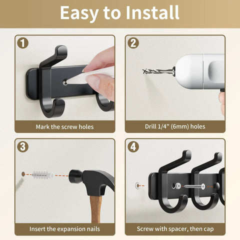 Installation steps for Wall Mounted Heavy Duty Metal Coat Rack With Six Hooks For Coats Hats Bags Robes Keys And Towels