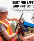 Worker wearing Bulk 144 Pack Safety Glasses ANSI Z87.1 Compliant Clear Polycarbonate Lenses For Worksites Labs And Schools.