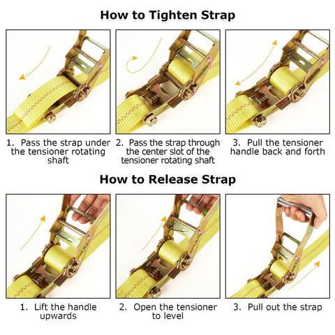 Instructional diagram showing how to use 4 Pack 2 Inch Ratchet Straps 27 Ft Heavy Duty Tie Down Set With Double J Hooks 10000 Lbs Break Strength