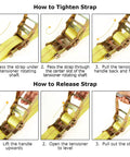 Instructions for tightening and releasing Heavy Duty Ratchet Tie Down Straps For Secure Loads And Weekend Getaways.