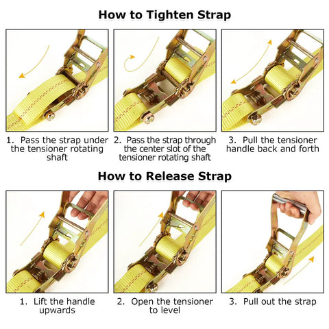Instructions for tightening and releasing Heavy Duty Ratchet Tie Down Straps For Secure Loads And Weekend Getaways.
