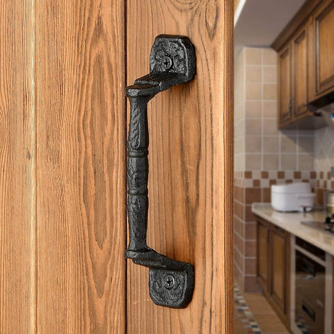 4 Pack 5.51 Inch Cast Iron Sliding Barn Door Handles Black Vintage Gate Pulls installed on wooden door in kitchen