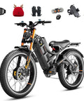 Badass Dual Motor Electric Bike For Adults 5600W Peak Power Hits Fifty Mph Fast with 26X4 fat tires and accessories like goggles and gloves.
