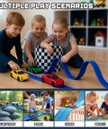 Children playing with Roll Up Flexible Race Track For Kids 15.75 Feet Portable Play Ramp Compatible With One Sixty Fourth Scale Diecast Cars