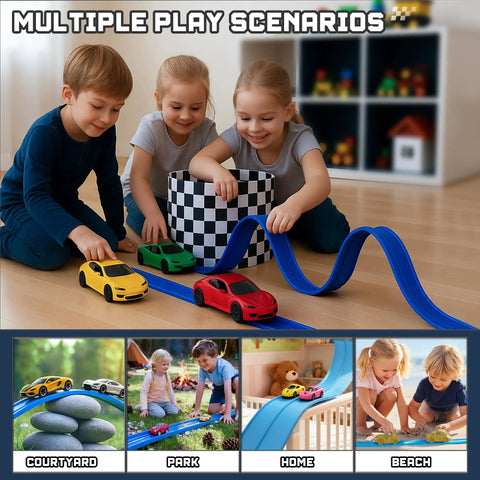 Children playing with Roll Up Flexible Race Track For Kids 15.75 Feet Portable Play Ramp Compatible With One Sixty Fourth Scale Diecast Cars
