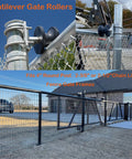 Sliding Gate Rollers on chain link fence with 4 inch round posts and cantilever design, pack of 2, nylon material.