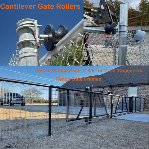 Sliding Gate Rollers on chain link fence with 4 inch round posts and cantilever design, pack of 2, nylon material.