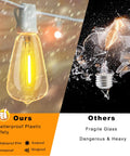 Warm 2200K Outdoor LED String Lights 100Ft With 52 Shatterproof Edison Bulbs compared to fragile glass alternatives