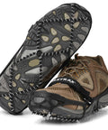 Battle Ready Ice Traction Cleats For Walking Running And Hiking Stainless Steel Spring Coils on hiking shoes, large size, black design.