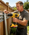 Man using Heavy Duty Cordless Drill Kicking Serious Torque For Woodworking And Diy Projects Quick Change Chuck on metal sheet.