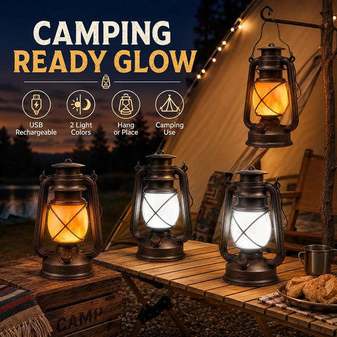 LED Camping Lantern Battery Powered Two Pack With Remote Control Rechargeable Outdoor Hanging Light displayed on table