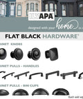 Variety of flat black cabinet knobs, pulls, and bin cups displayed in a grid layout against a backdrop of row houses.