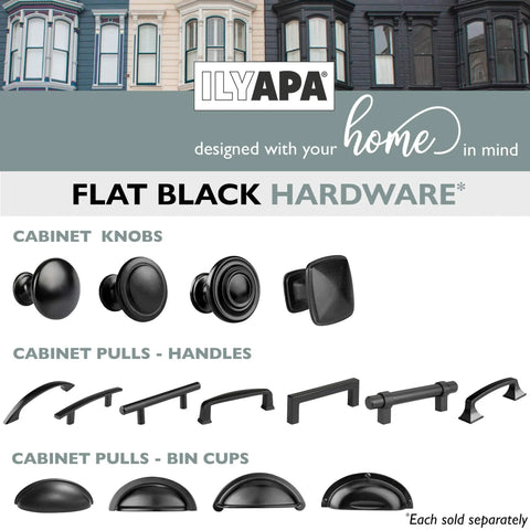 Variety of flat black cabinet knobs, pulls, and bin cups displayed in a grid layout against a backdrop of row houses.