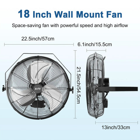 Diagram of 18 Inch Metal Wall Mounted Fan With 4200 CFM High Velocity Power, showing front and side dimensions for warehouse use.