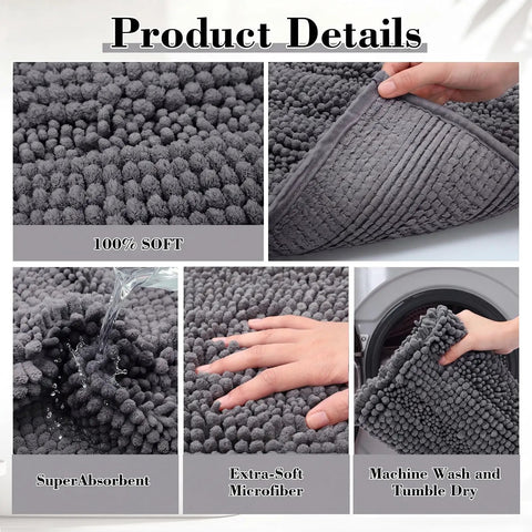 Close-up of chenille bath mat from Totally Must-Have 4 Piece Bathroom Accessories Set with soft texture and washing instructions