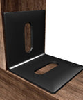 Built Like A Tank Adjustable Corner Brackets 24 Pack Heavy Duty Steel Furniture Hardware Rust Proof Black Finish showing a close-up of a right angle fastener on wood.