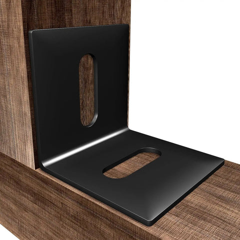 Built Like A Tank Adjustable Corner Brackets 24 Pack Heavy Duty Steel Furniture Hardware Rust Proof Black Finish showing a close-up of a right angle fastener on wood.
