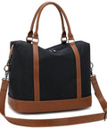 Black Weekender Travel Bag For Women with brown handles, Canvas Duffel Tote With Water Resistant Oxford Fabric and brass zippers