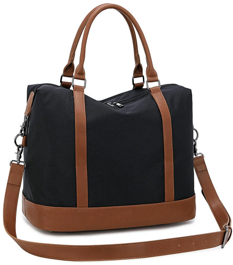 Black Weekender Travel Bag For Women with brown handles, Canvas Duffel Tote With Water Resistant Oxford Fabric and brass zippers