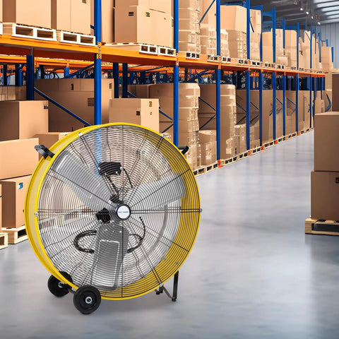 Beast 13000 CFM High Velocity Drum Fan With 2 Speed Heavy Duty Industrial Shop Air Circulator in warehouse setting, yellow.