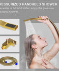 Brushed Gold 10 Inch Shower System With Rain Shower Head And Handheld Spray Wall Mounted High Pressure Mixer Rough In Valve Body And Trim Lead Free Metal Construction For Durable Spa Like Showers