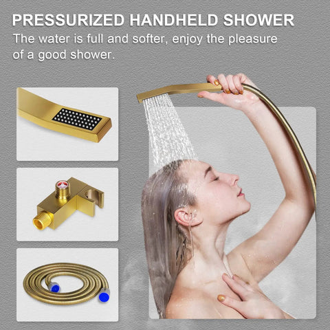 Brushed Gold 10 Inch Shower System With Rain Shower Head And Handheld Spray Wall Mounted High Pressure Mixer Rough In Valve Body And Trim Lead Free Metal Construction For Durable Spa Like Showers