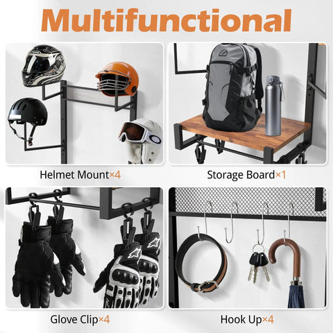 Heavy Duty Motorcycle Helmet Holder Wall Mount, Durable Timber Gear Storage Rack, Tough As Nails Bike Headgear Organizer with helmets and gear.