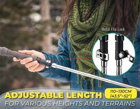 Hiker adjusting Trek-Z Cork Grip Trekking Poles for hiking, ultra lightweight folding poles with adjustable height and metal flip lock