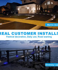8 Pack Solar Dock Lights White Blue Two Color Switchable installed on driveway and dock, showcasing waterproof marine grade LED lighting.